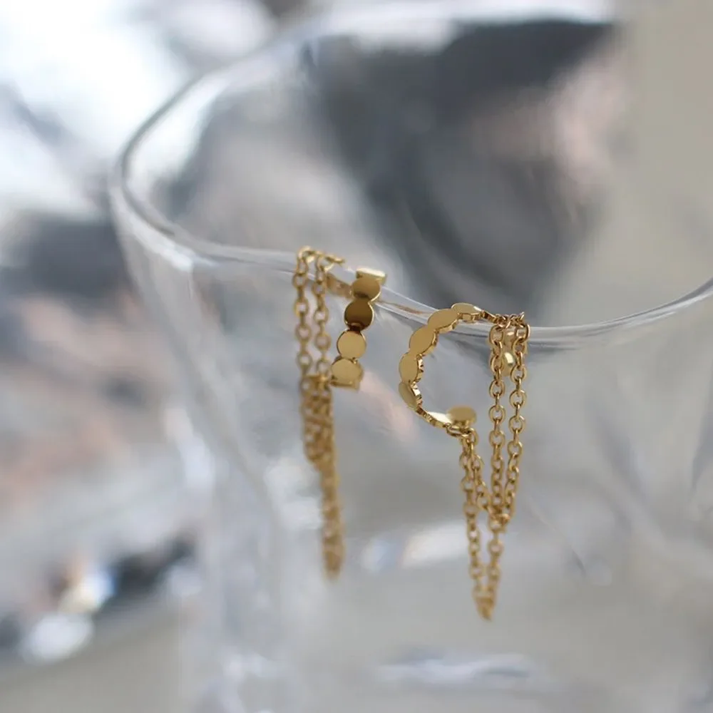 One Gold Plated Double Tassel Chain Circle Disk Ear Cuff